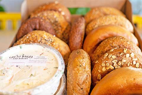catered bagel and cream cheese box from Great Bagel & Bakery