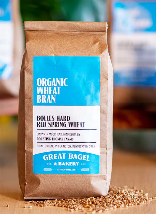 Organic all-purpose flour and wheat bran, milled at Great Bagel & Bakery in Lexington, KY